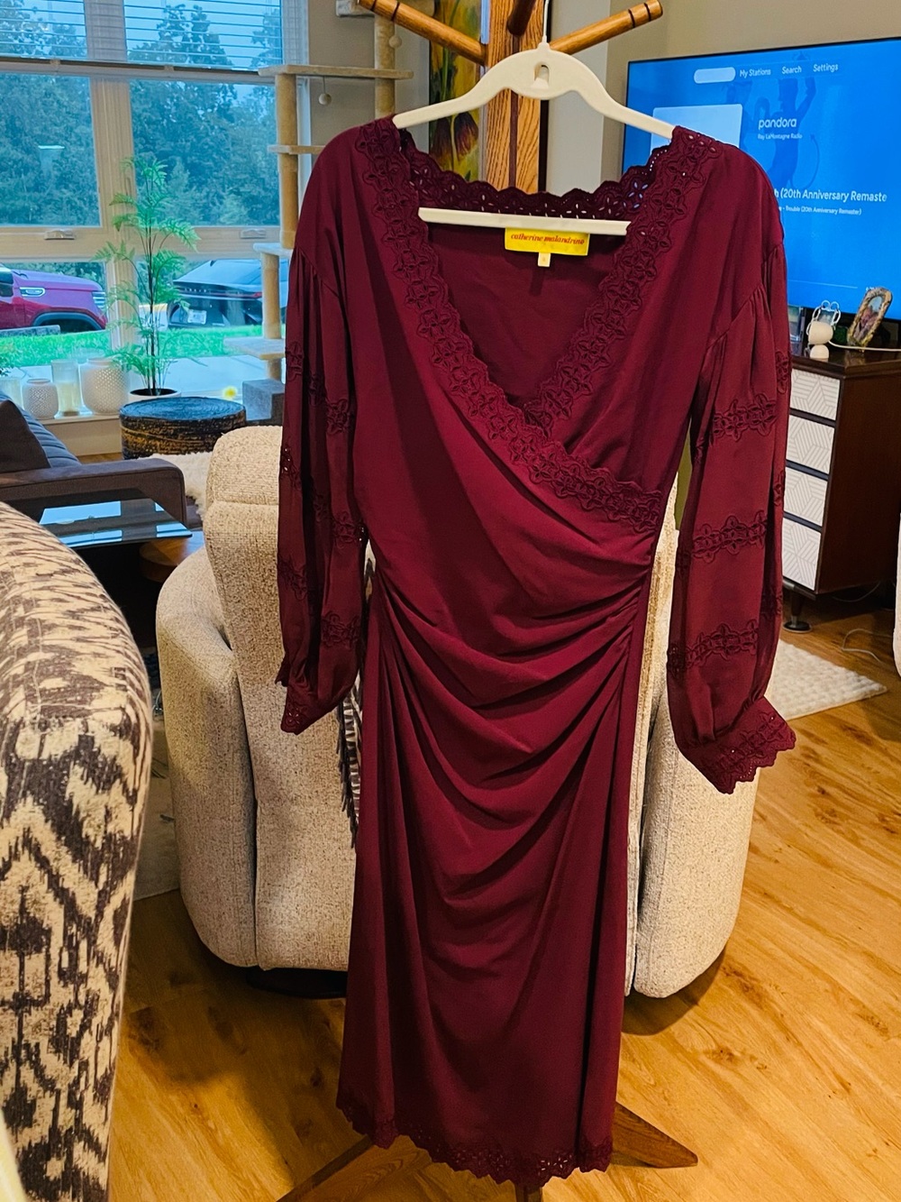 Catharine Malandrino Burgundy Long-Sleeve Wrap-Style Dress with Lace Trim